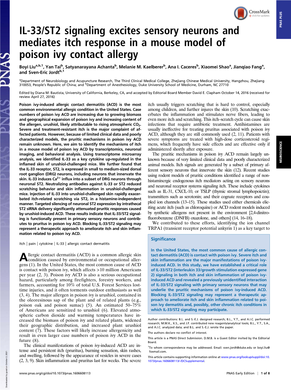 IL-33/ST2 Signaling Excites Sensory Neurons and Mediates Itch