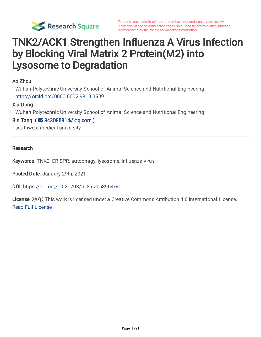 TNK2/ACK1 Strengthen in Uenza a Virus Infection