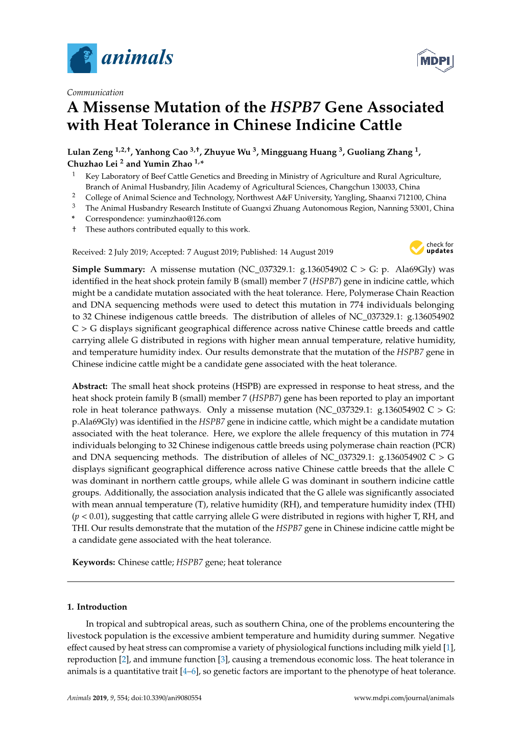 A Missense Mutation of the HSPB7 Gene Associated with Heat Tolerance in Chinese Indicine Cattle