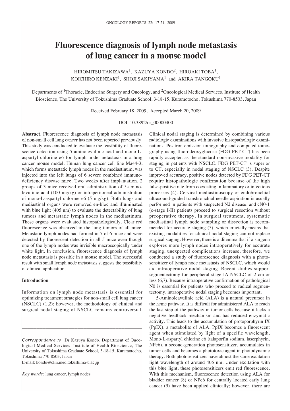 Fluorescence Diagnosis of Lymph Node Metastasis of Lung Cancer in a Mouse Model