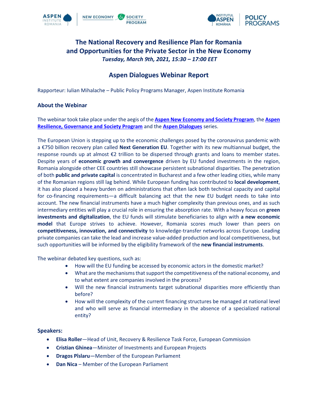 The National Recovery and Resilience Plan for Romania and Opportunities for the Private Sector in the New Economy Aspen Dialogu