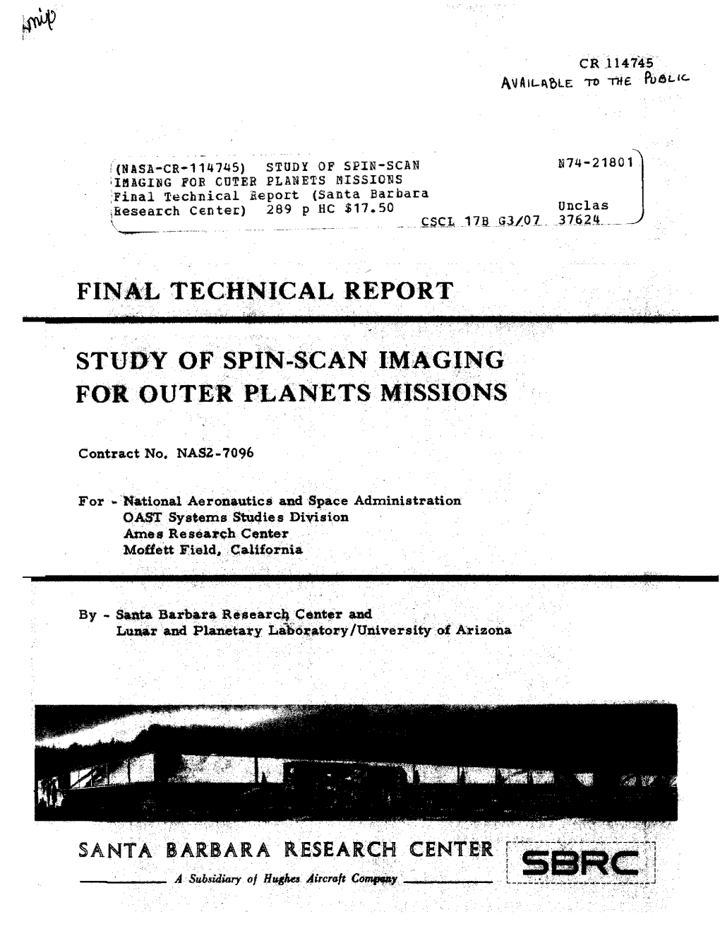 Final Technical Report (Santa Barbara Research Center) 289 P BC $17.50 Unclas CSCL 17B G3/07 37624