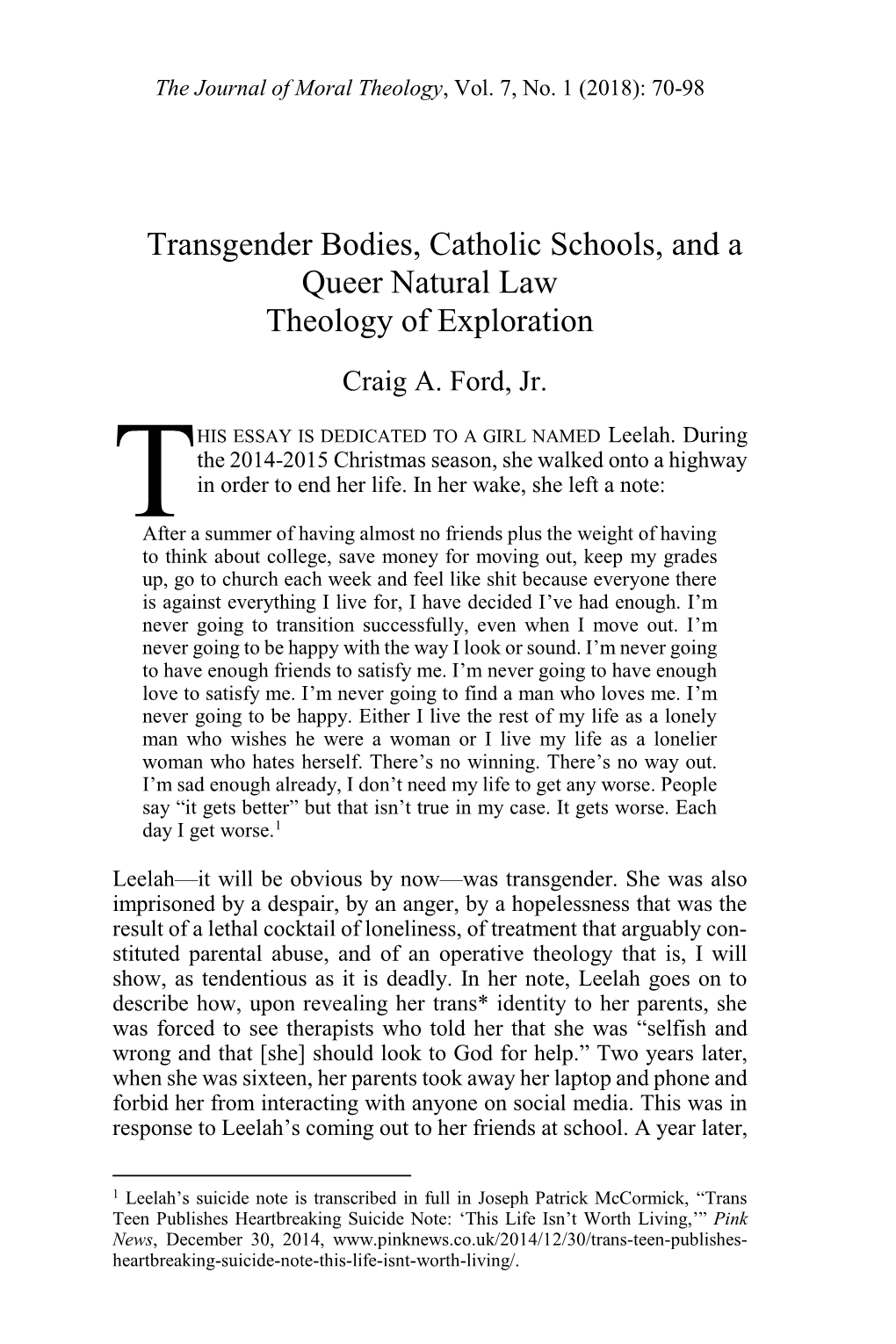 Transgender Bodies, Catholic Schools, and a Queer Natural Law Theology of Exploration