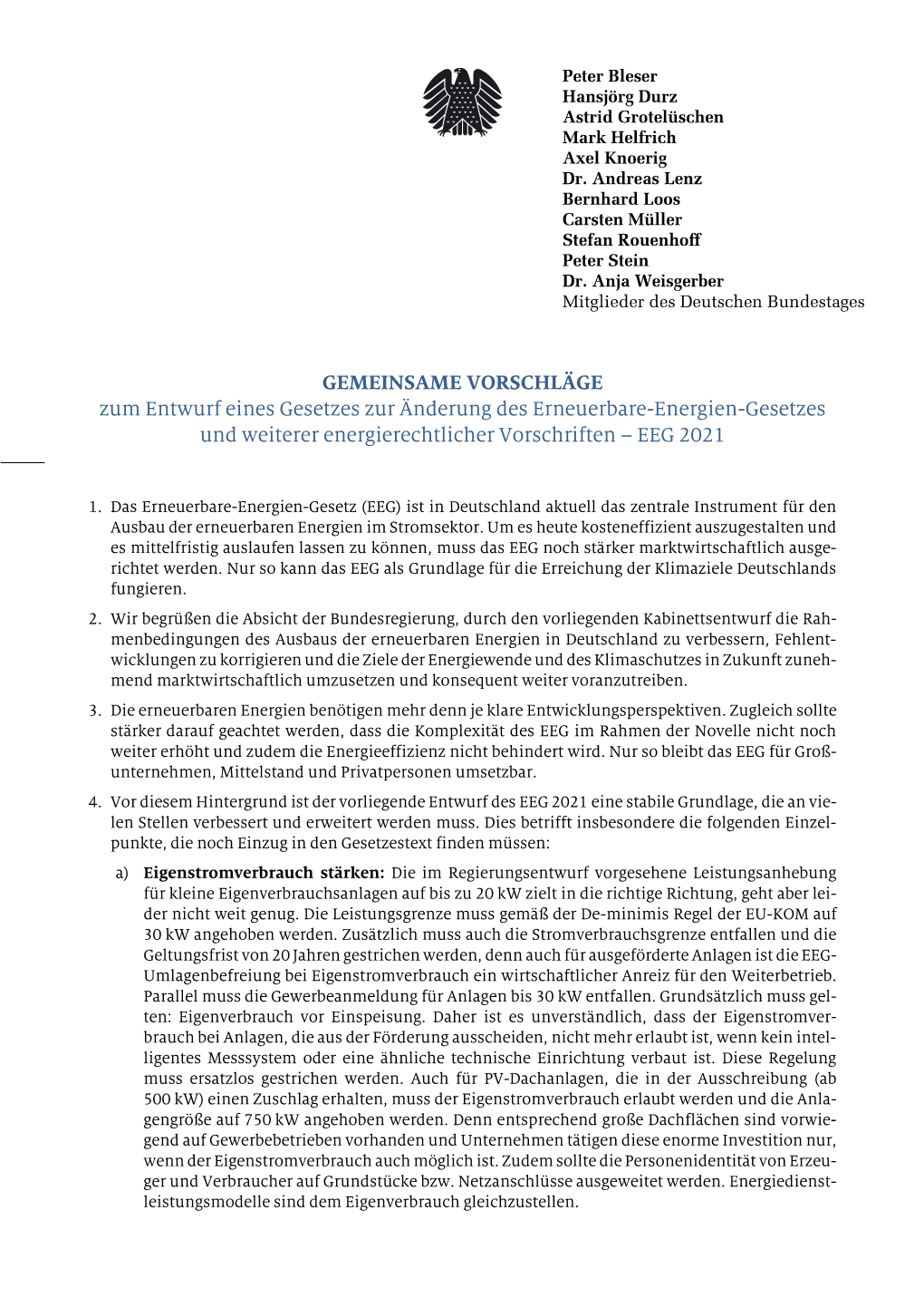 GEMEINSAME VORSCHLÄGE Zum Entwurf Eines Gesetzes Zur Änderung Des Erneuerbare-Energien-Gesetzes Und Weiterer Energierechtlicher Vorschriften – EEG 2021