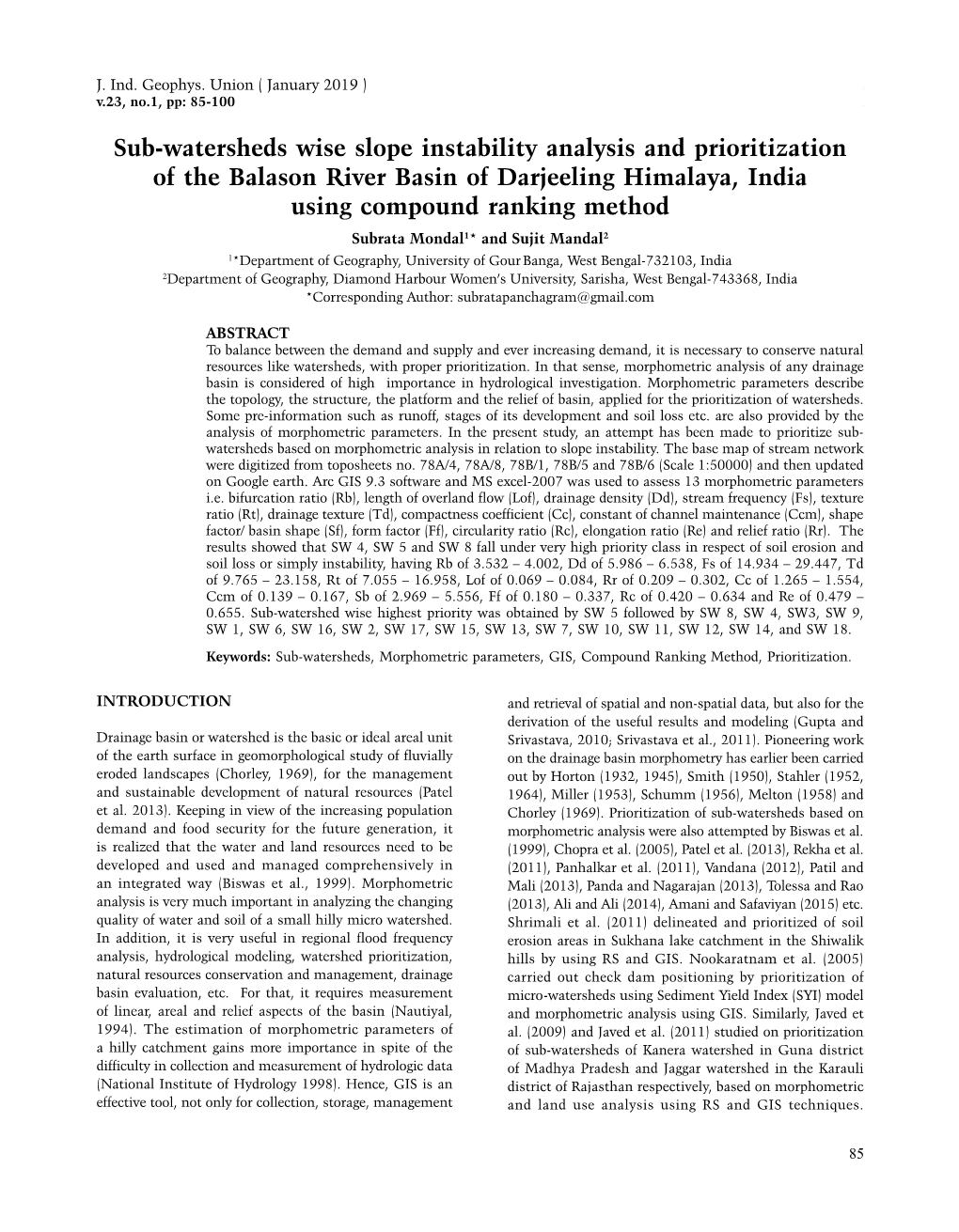 Sub-Watersheds Wise Slope Instability Analysis and Prioritization Of