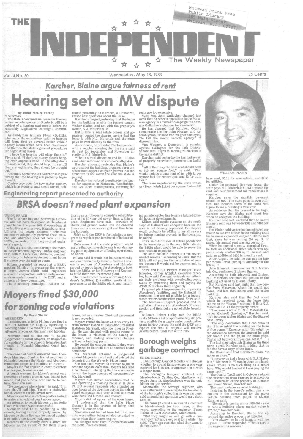 18,1983 25 Cents Karcher, Blaine Argue Fairness Ofrent Hearing Set on M V Dispute