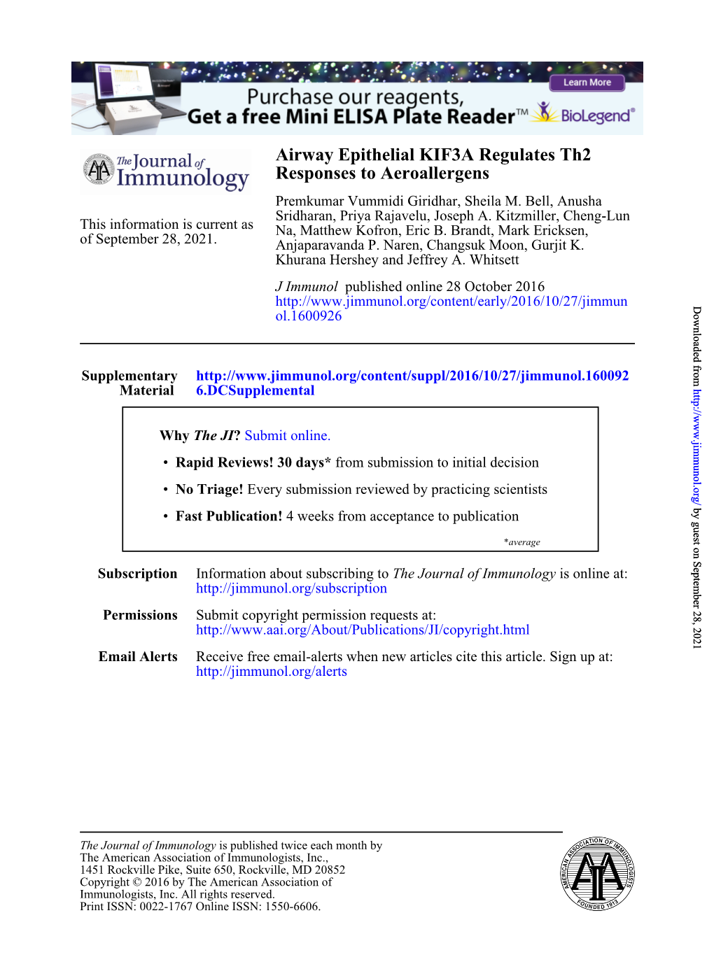 Airway Epithelial KIF3A Regulates Th2 Responses to Aeroallergens Premkumar Vummidi Giridhar, Sheila M