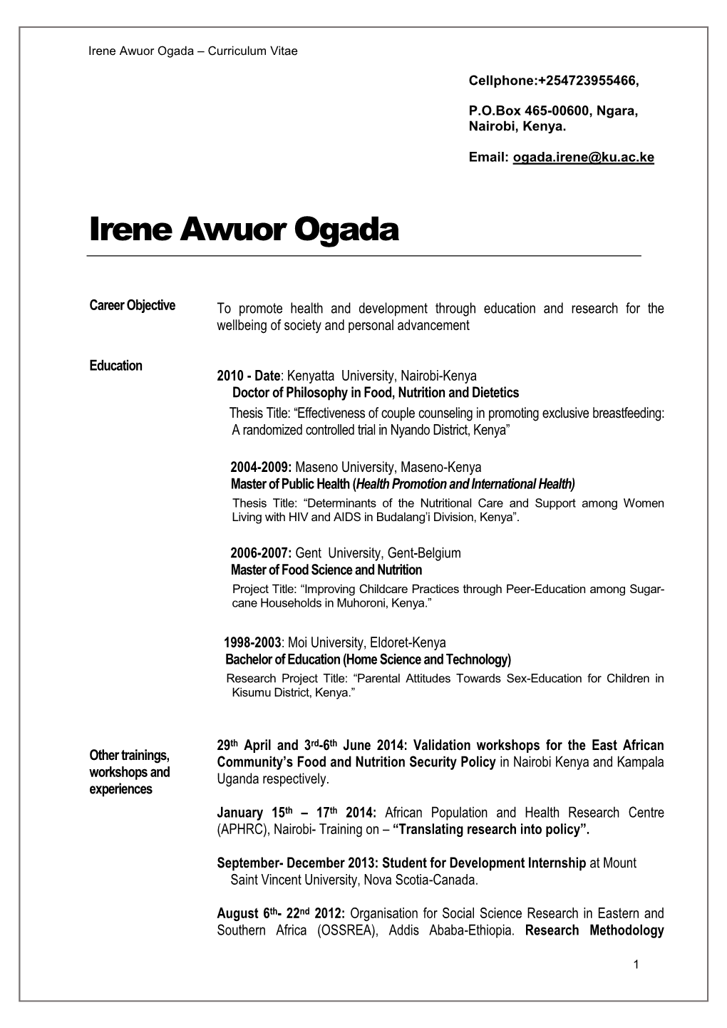 Irene Awuor Ogada – Curriculum Vitae