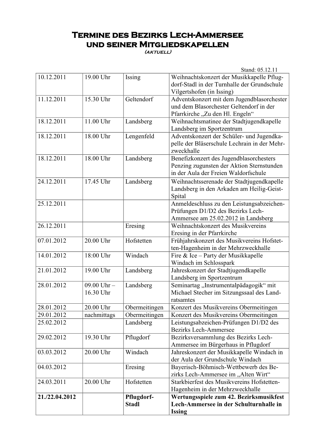 Termine Des Bezirks Lech-Ammersee Und Seiner Mitgliedskapellen (Aktuell)