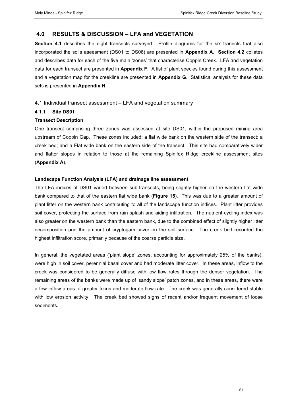 LFA and VEGETATION Section 4.1 Describes the Eight Transects Surveyed