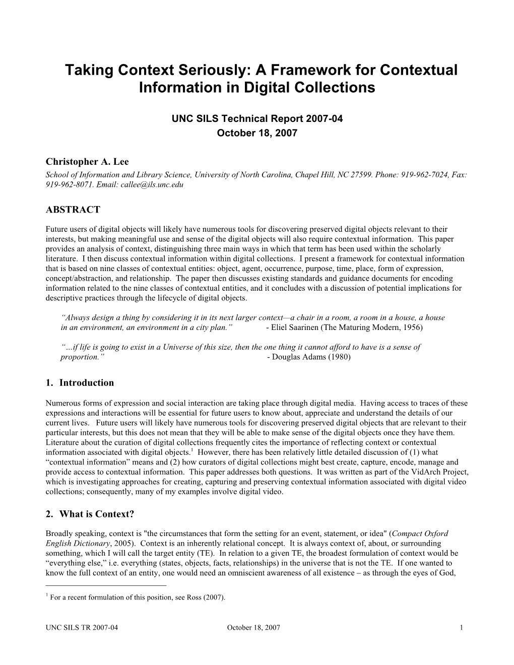 Taking Context Seriously: a Framework for Contextual Information in Digital Collections