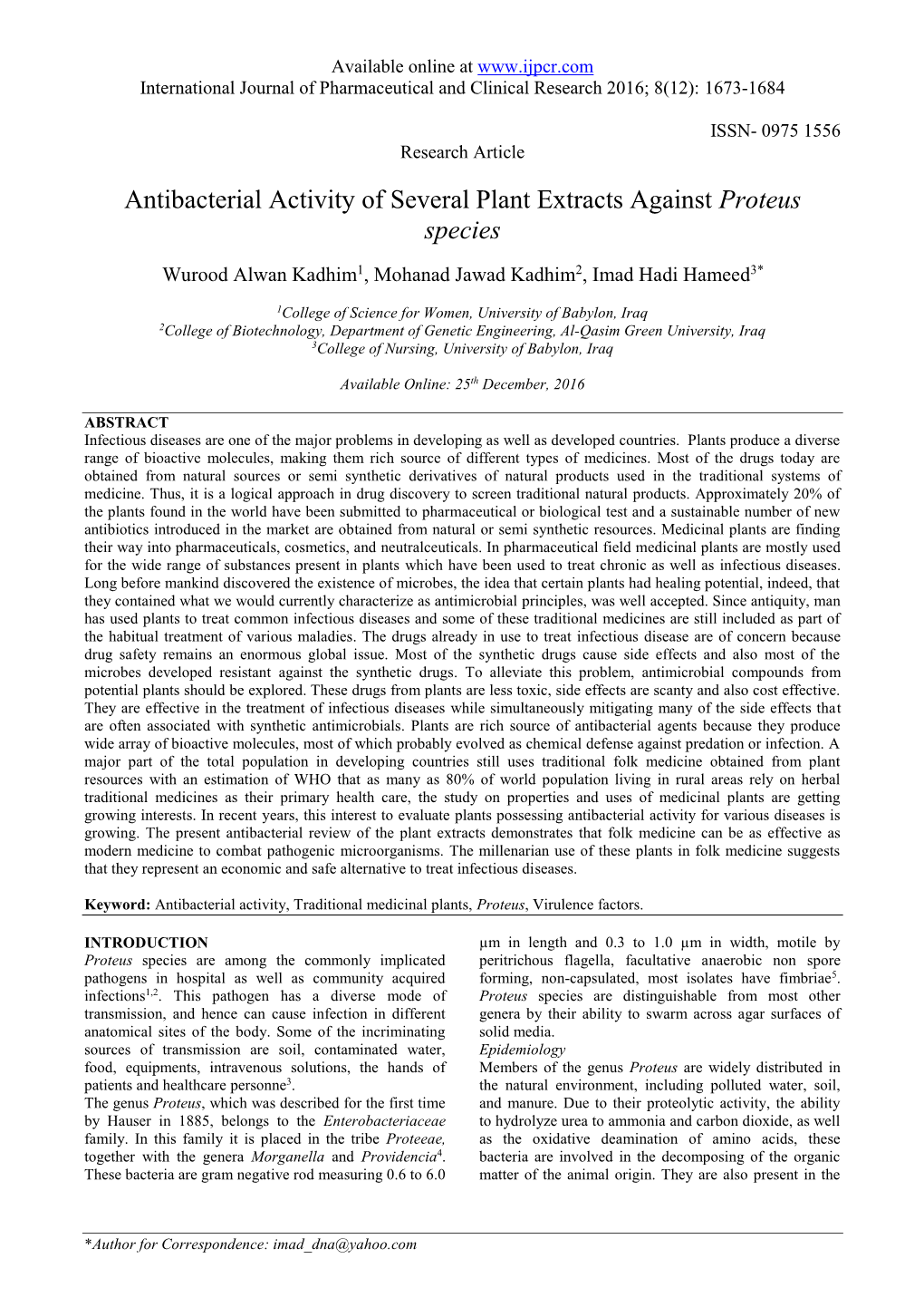 Antibacterial Activity of Several Plant Extracts Against Proteus Species