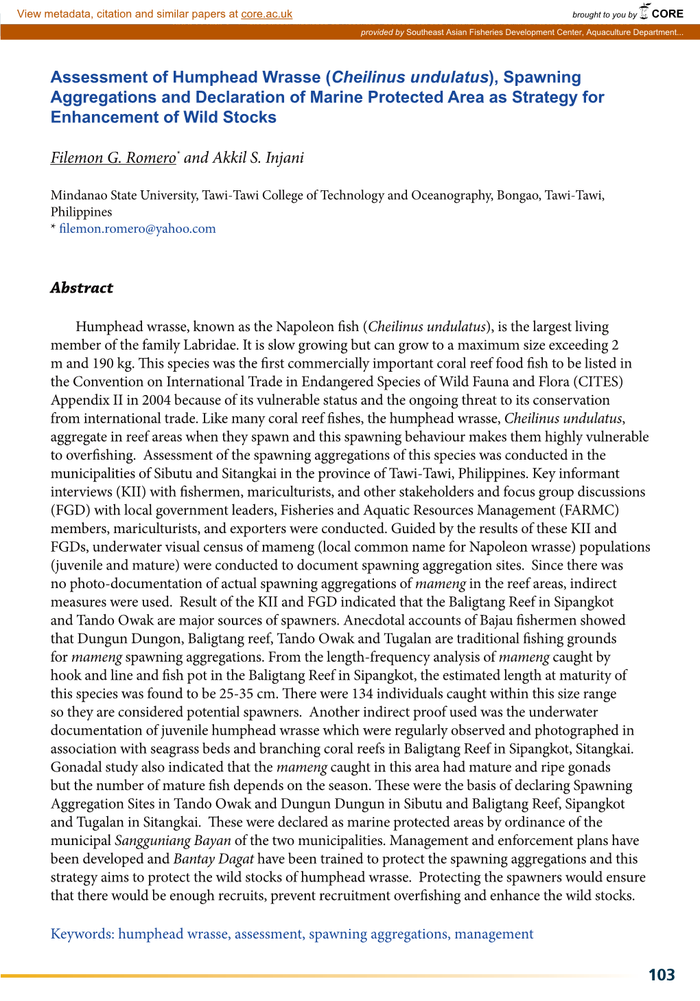 Assessment of Humphead Wrasse (Cheilinus Undulatus), Spawning Aggregations and Declaration of Marine Protected Area As Strategy for Enhancement of Wild Stocks