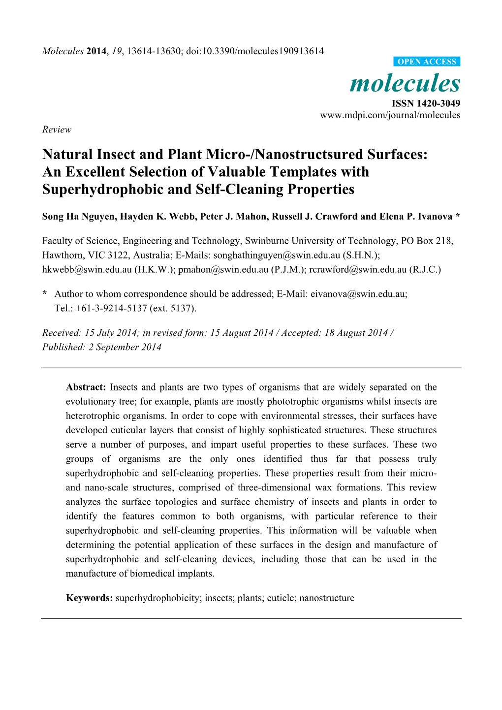Natural Insect and Plant Micro-/Nanostructsured Surfaces: an Excellent Selection of Valuable Templates with Superhydrophobic and Self-Cleaning Properties