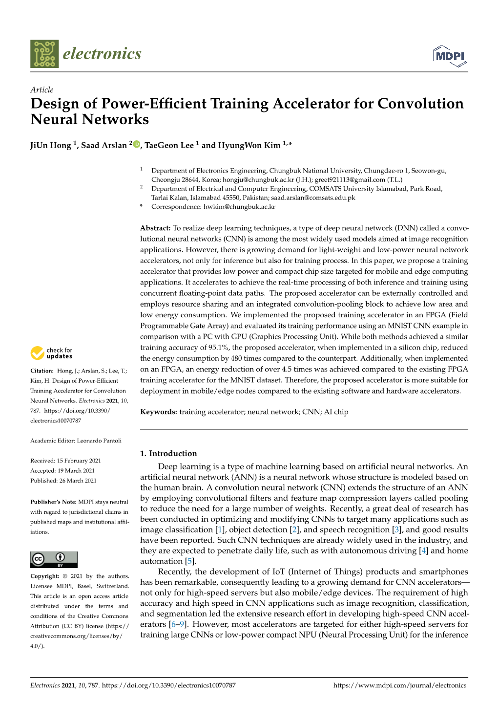 Design of Power-Efficient Training Accelerator for Convolution Neural Networks