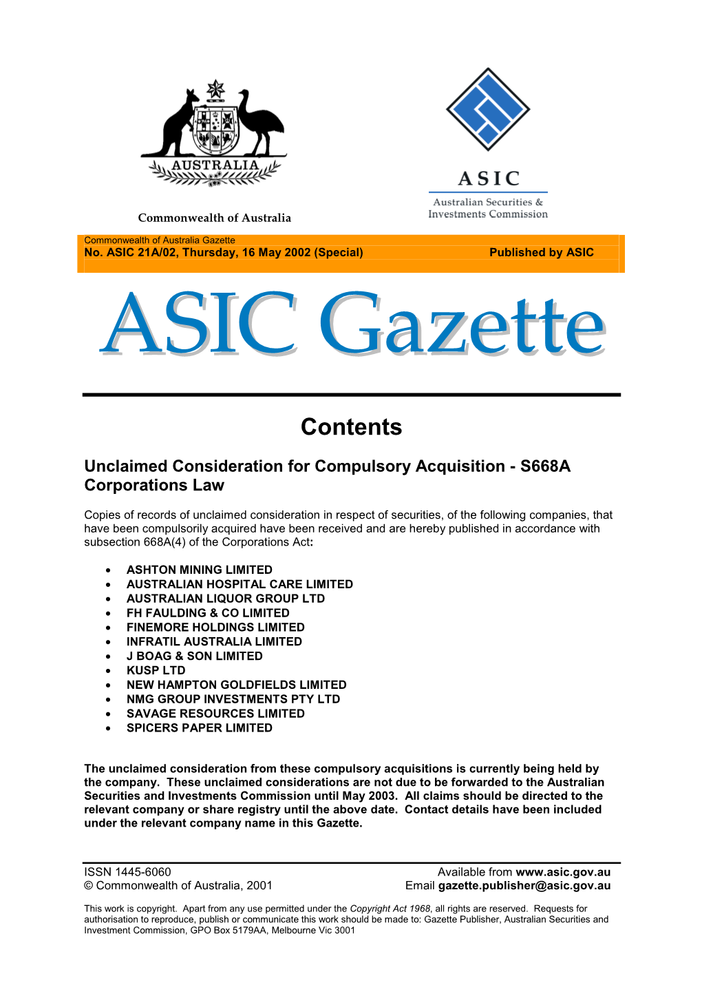 ASIC 21A/02, Thursday, 16 May 2002 (Special) Published by ASIC