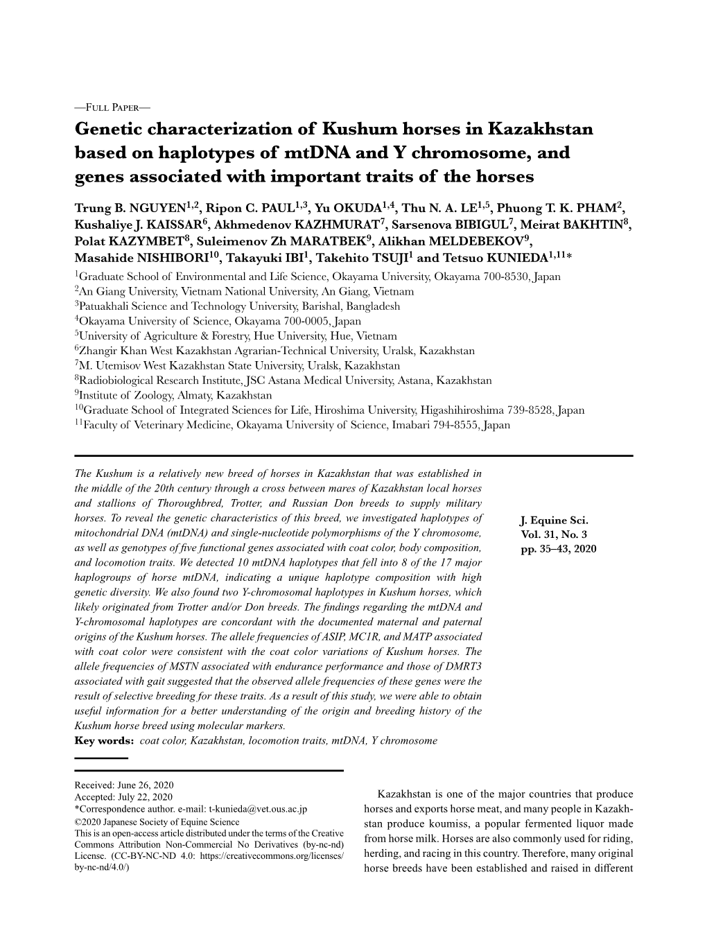 Genetic Characterization of Kushum Horses in Kazakhstan Based on Haplotypes of Mtdna and Y Chromosome, and Genes Associated with Important Traits of the Horses