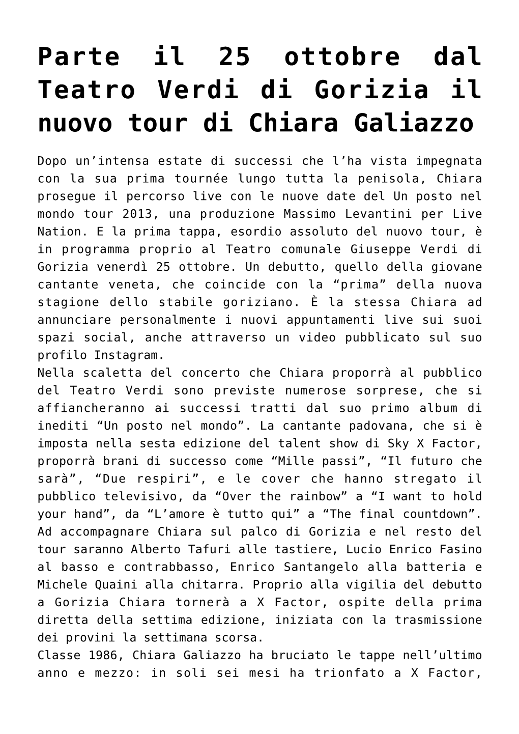 Parte Il 25 Ottobre Dal Teatro Verdi Di Gorizia Il Nuovo Tour Di Chiara Galiazzo