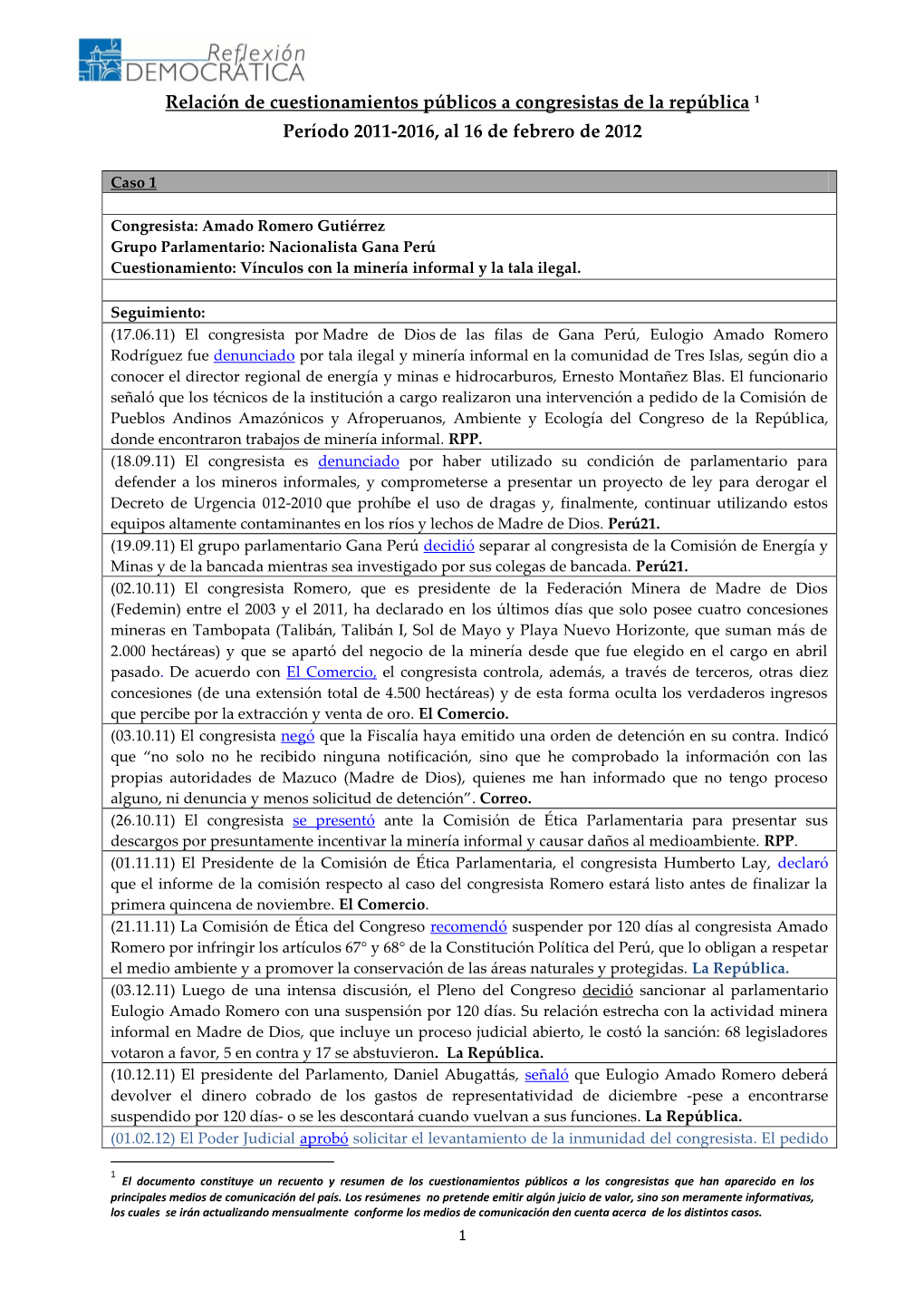 Relación De Cuestionamientos Públicos a Congresistas De La República 1 Período 2011-2016, Al 16 De Febrero De 2012