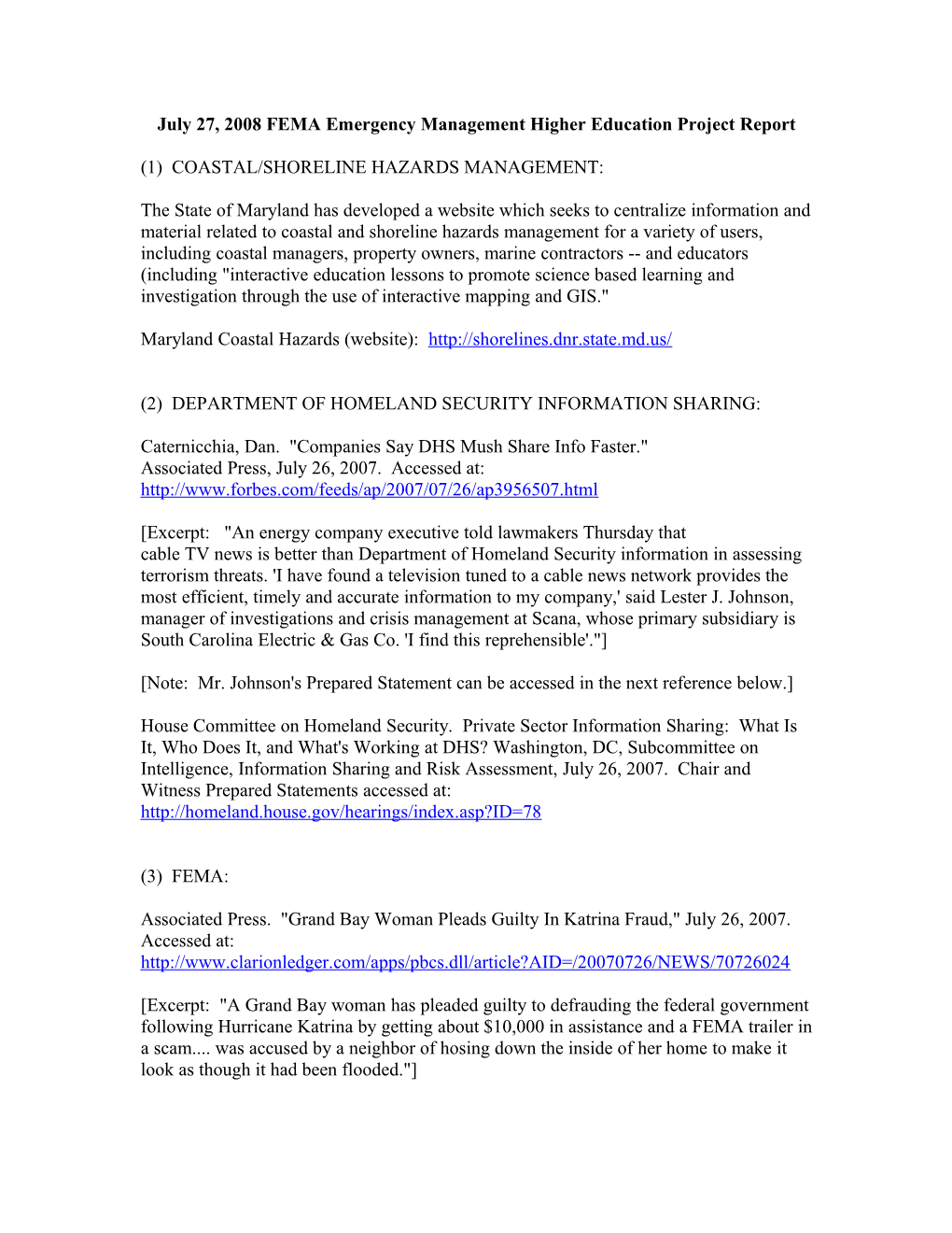 July 27, 2008 FEMA Emergency Management Higher Education Project Report