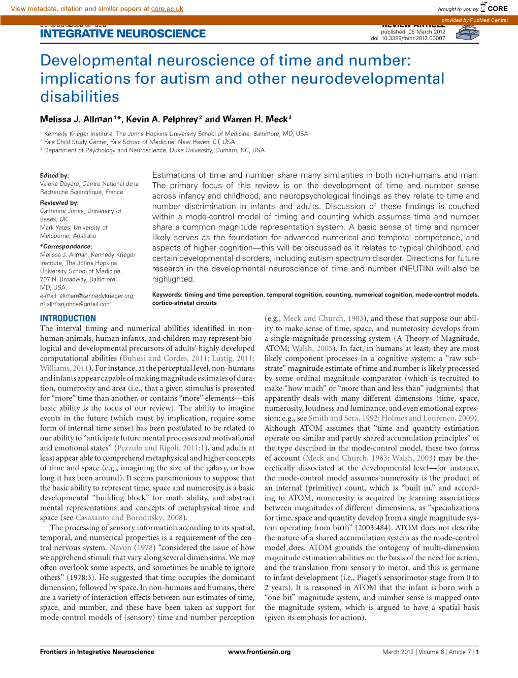 Developmental Neuroscience of Time and Number: Implications for Autism and Other Neurodevelopmental Disabilities