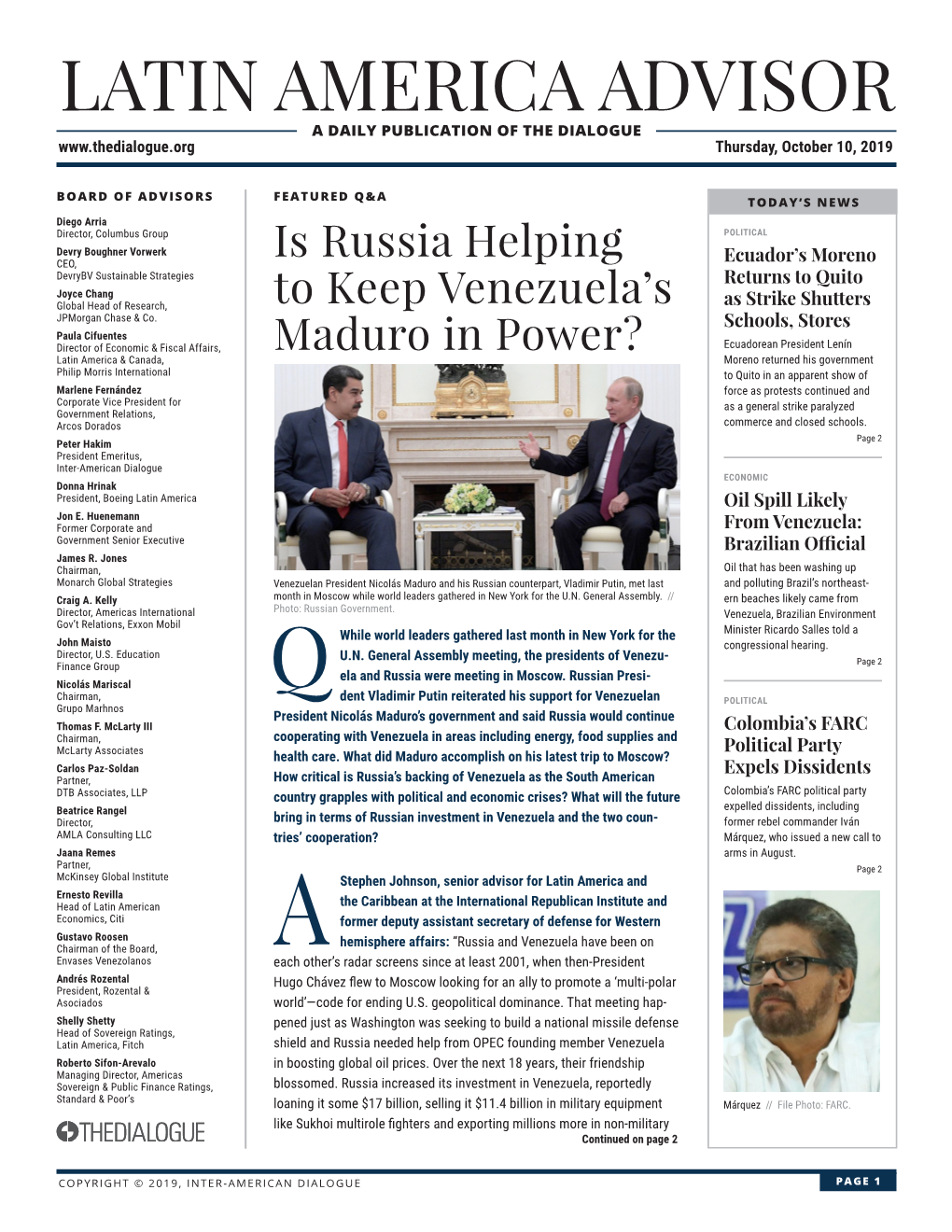 LATIN AMERICA ADVISOR a DAILY PUBLICATION of the DIALOGUE Thursday, October 10, 2019