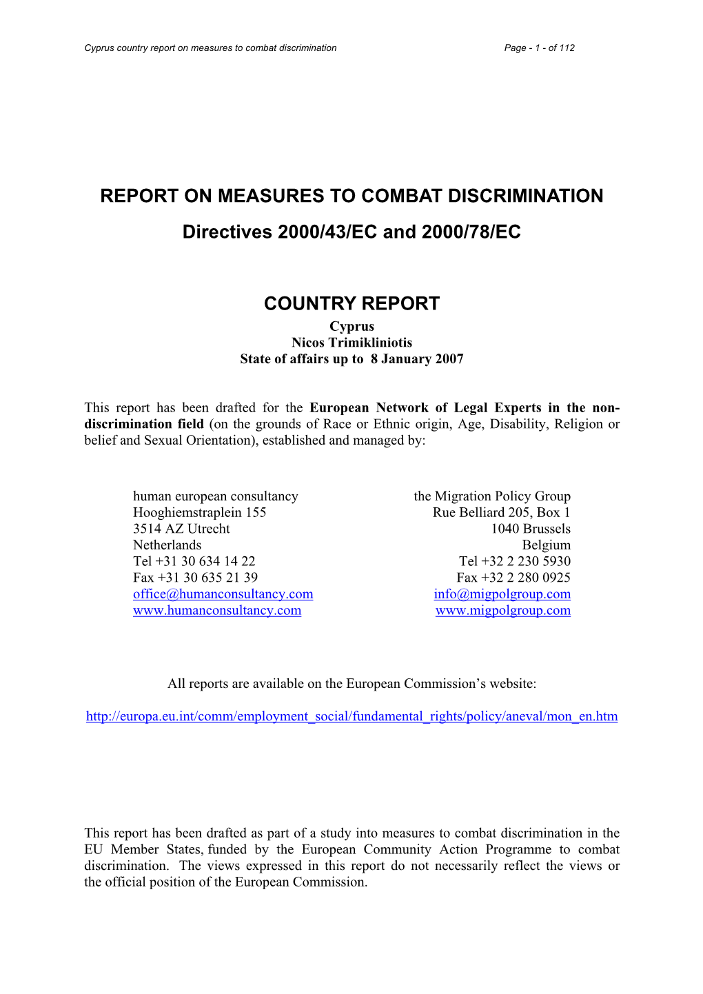 Report on Measures to Combat Discrimination Page - 1 - of 112