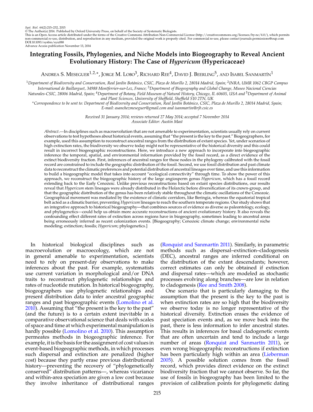 Integrating Fossils, Phylogenies, and Niche Models Into Biogeography to Reveal Ancient Evolutionary History: the Case of Hypericum (Hypericaceae)