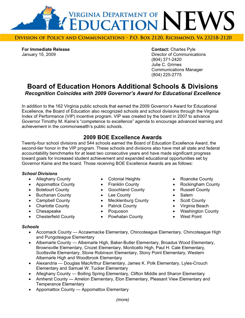 Board of Education Honors Additional Schools & Divisions