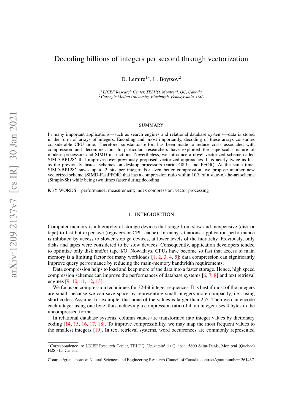 Arxiv:1209.2137V7 [Cs.IR] 30 Jan 2021 Compression Schemes Can Improve the Performances of Database Systems [6,7,8] and Text Retrieval Engines [9, 10, 11, 12, 13]