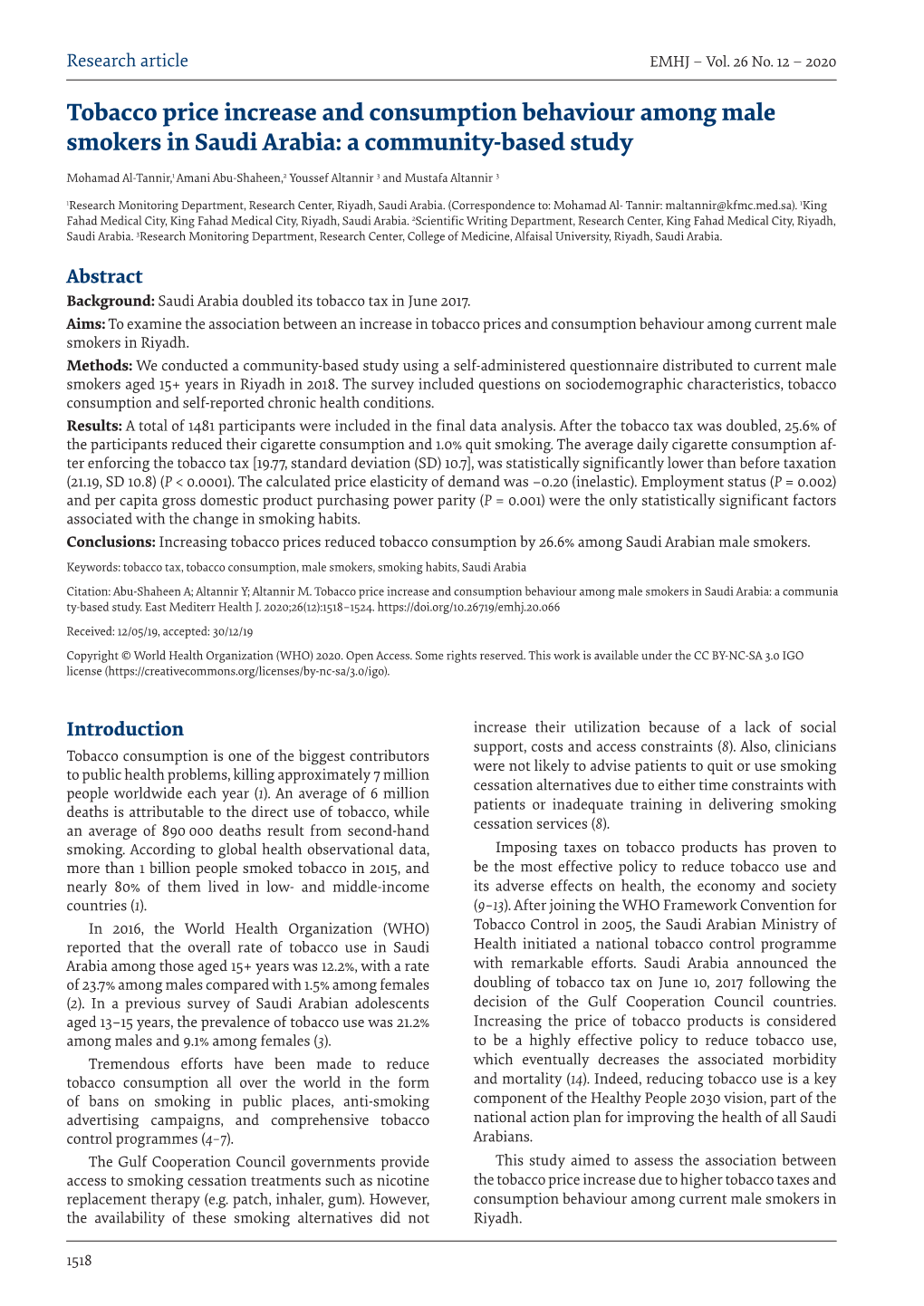 Tobacco Price Increase and Consumption Behaviour Among Male Smokers in Saudi Arabia: a Community-Based Study