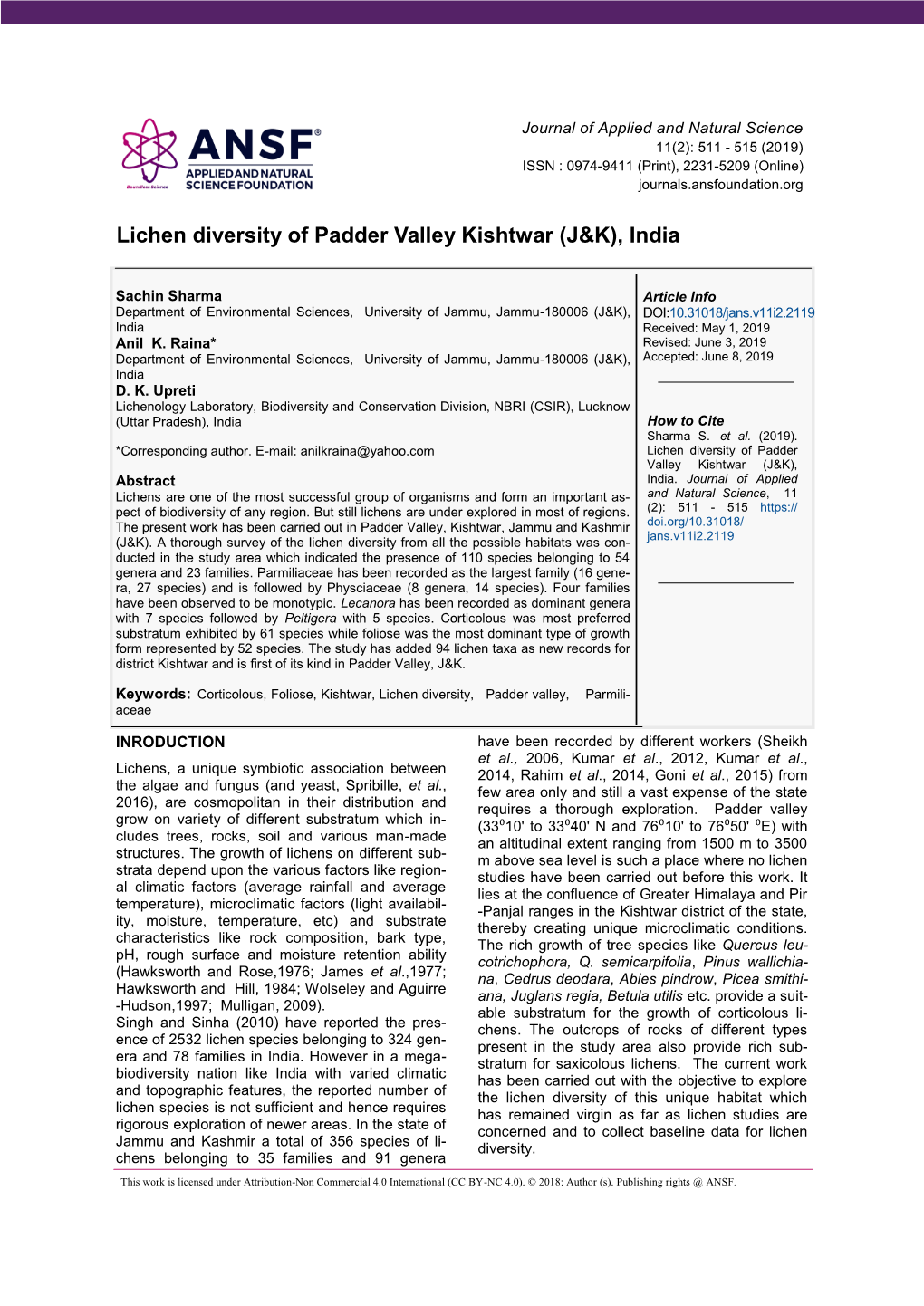 Lichen Diversity of Padder Valley Kishtwar (J&K), India