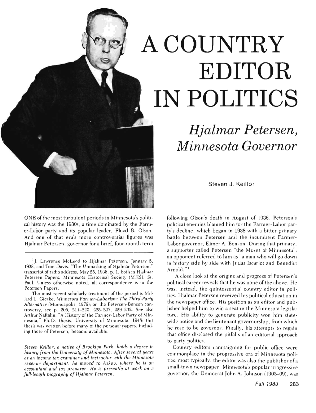 A Country Editor in Politics : Hjalmar Petersen, Minnesota Governor