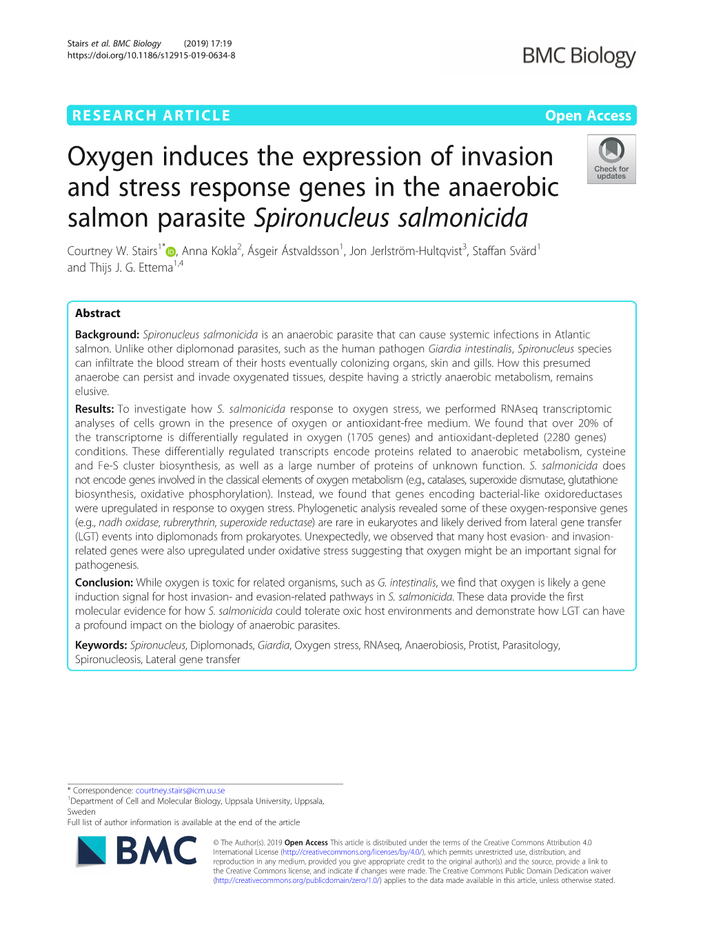 Oxygen Induces the Expression of Invasion and Stress Response Genes in the Anaerobic Salmon Parasite Spironucleus Salmonicida Courtney W