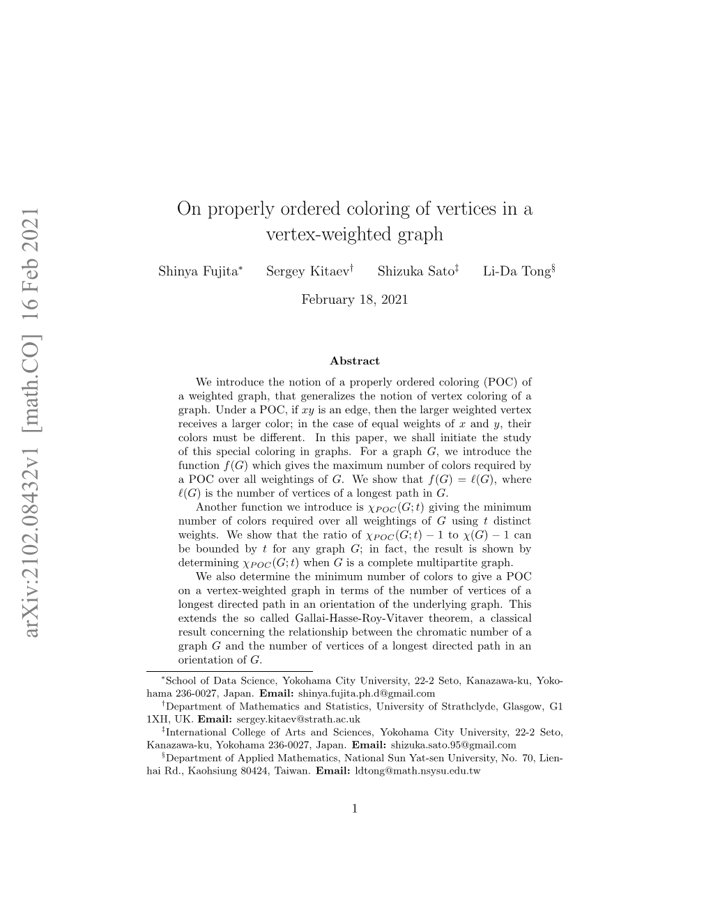 On Properly Ordered Coloring of Vertices in a Vertex-Weighted Graph