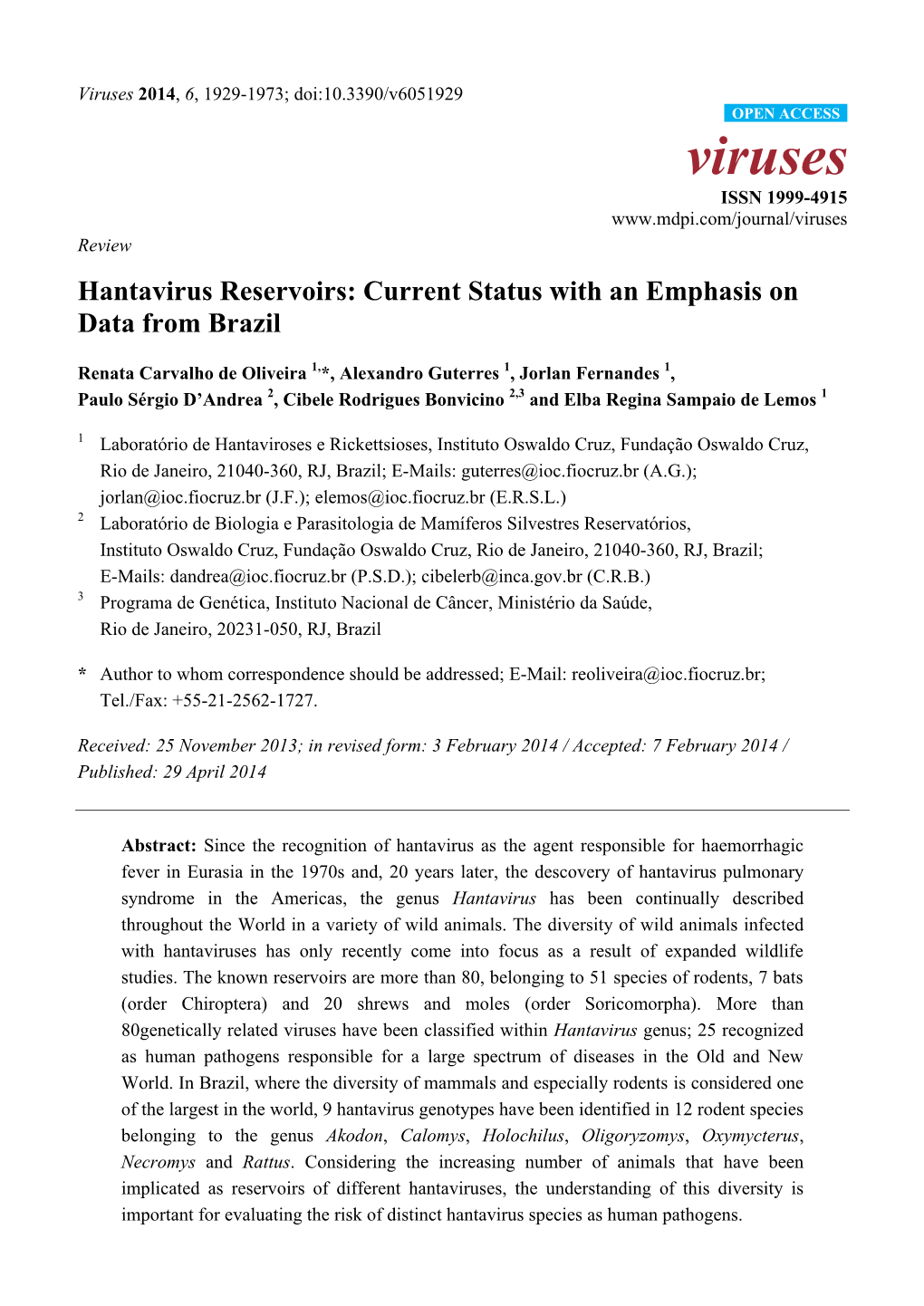 Hantavirus Reservoirs: Current Status with an Emphasis on Data from Brazil