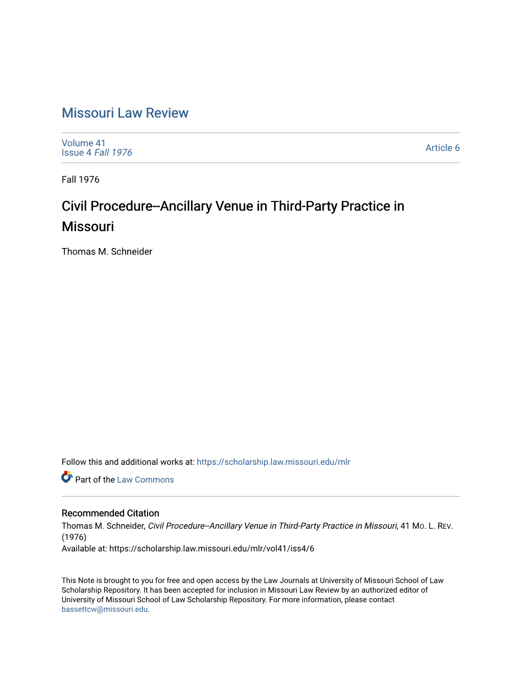 Civil Procedure--Ancillary Venue in Third-Party Practice in Missouri