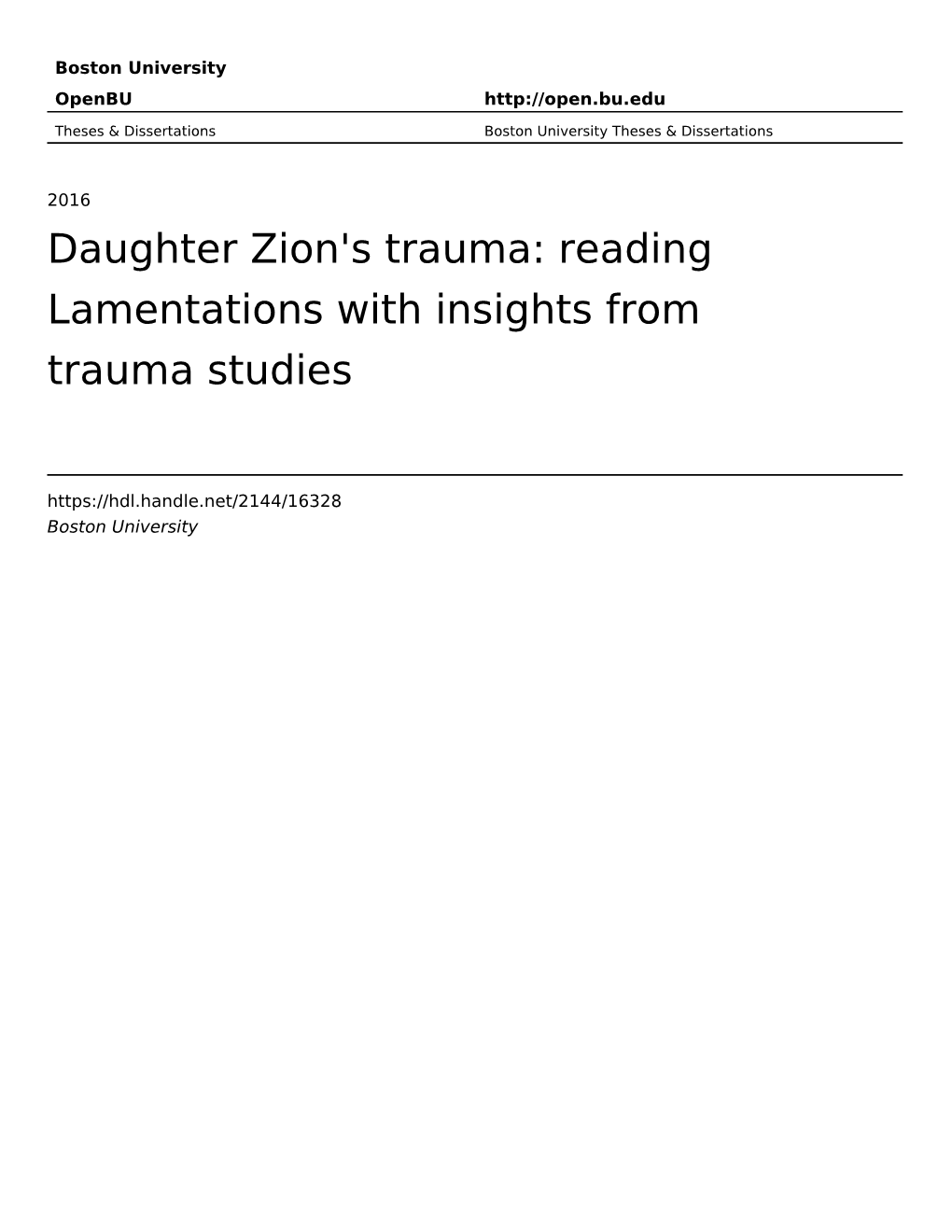 Daughter Zion's Trauma: Reading Lamentations with Insights from Trauma Studies