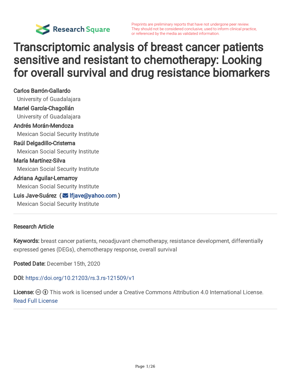 Transcriptomic Analysis of Breast Cancer Patients Sensitive and Resistant to Chemotherapy: Looking for Overall Survival and Drug Resistance Biomarkers