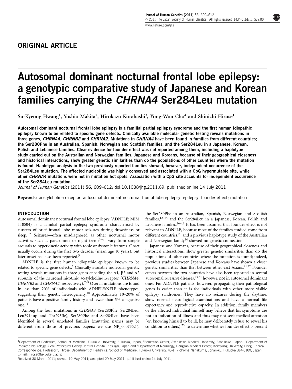 Autosomal Dominant Nocturnal Frontal Lobe Epilepsy: a Genotypic Comparative Study of Japanese and Korean Families Carrying the CHRNA4 Ser284leu Mutation