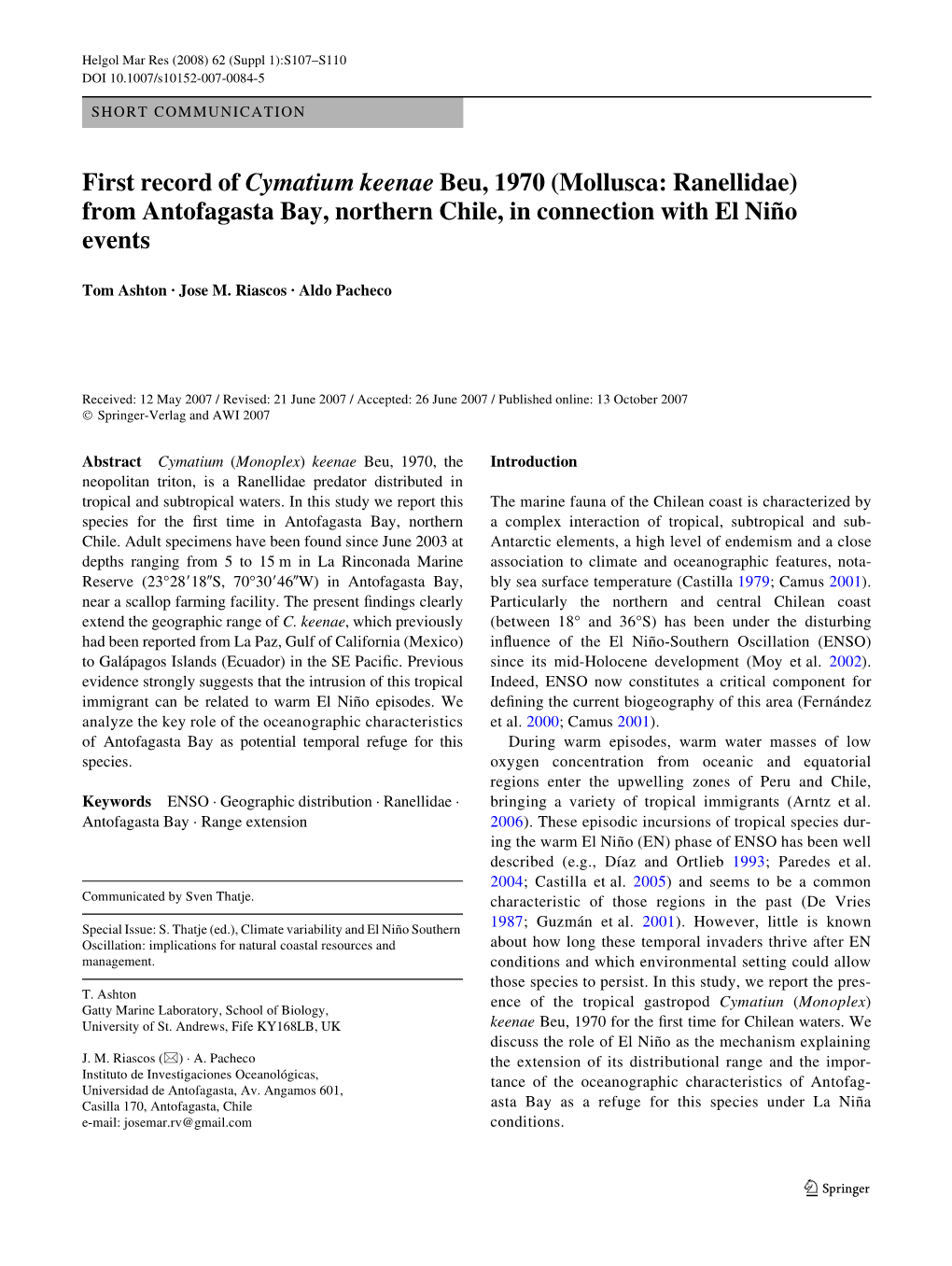 First Record of Cymatium Keenae Beu, 1970 (Mollusca: Ranellidae) from Antofagasta Bay, Northern Chile, in Connection with El Niño Events