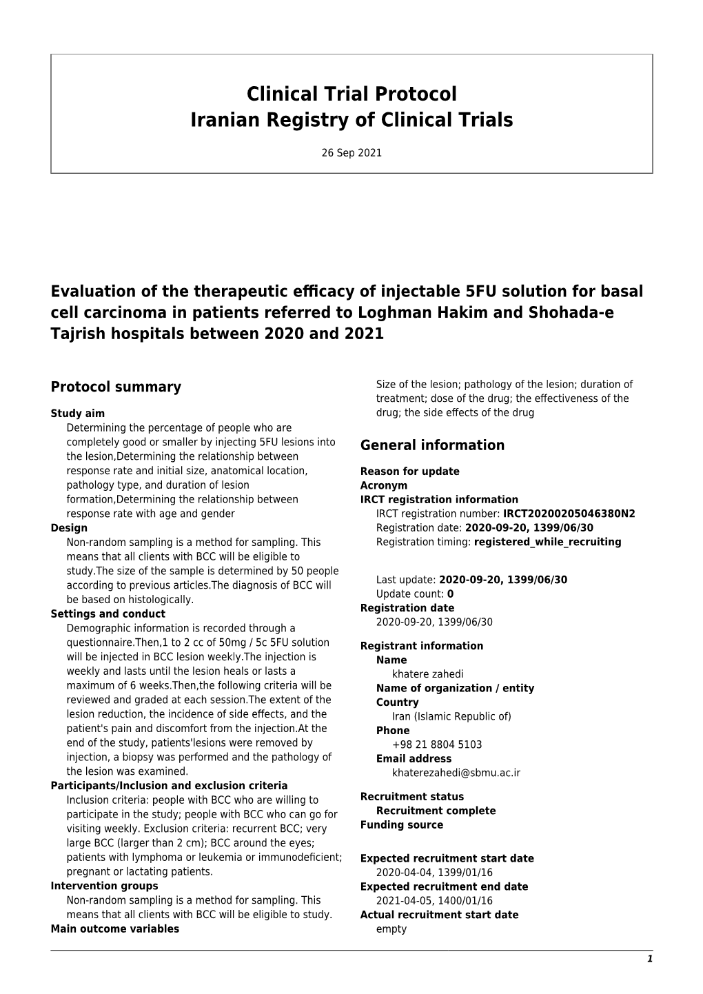 Clinical Trial Protocol Iranian Registry of Clinical Trials