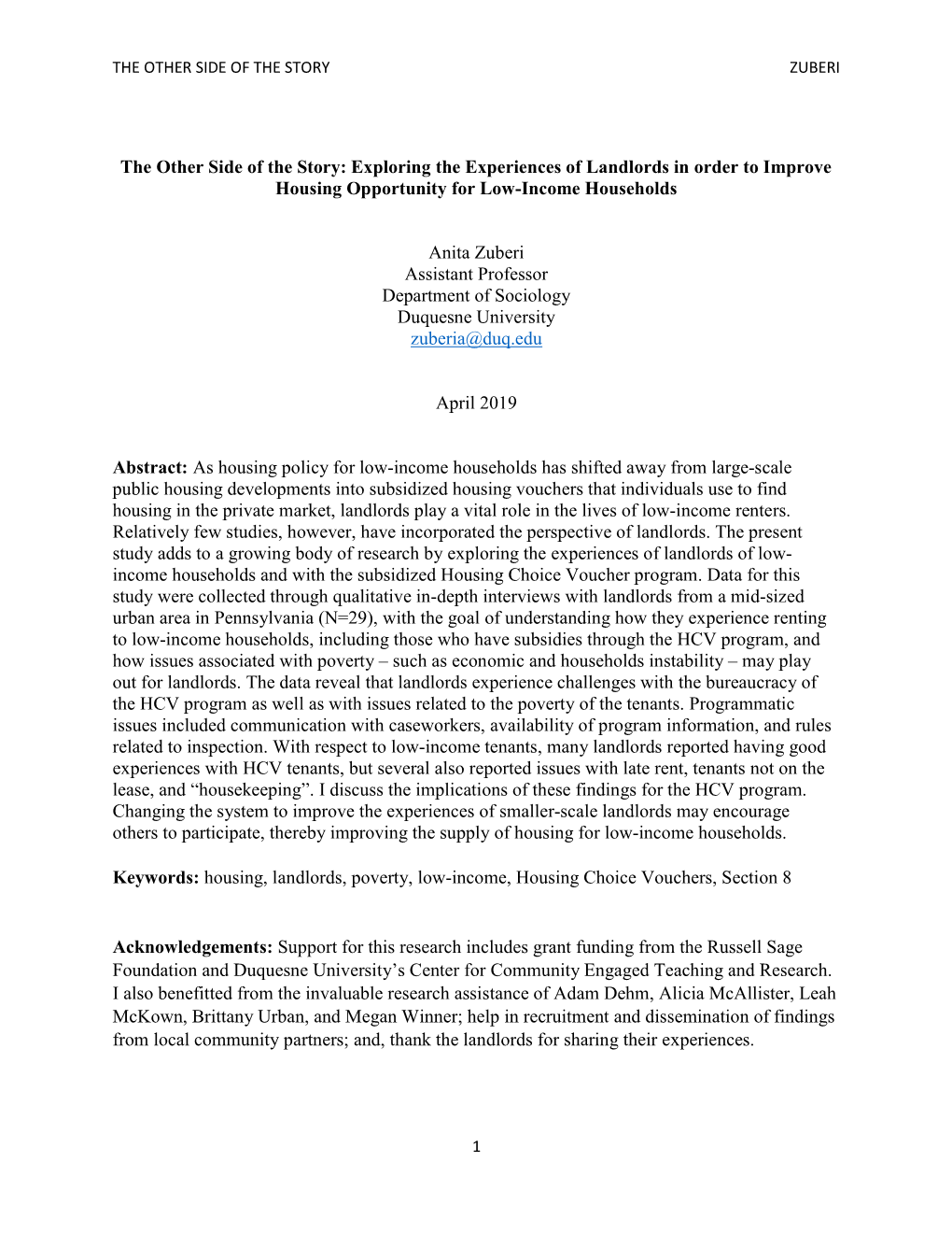 Exploring the Experiences of Landlords in Order to Improve Housing Opportunity for Low-Income Households