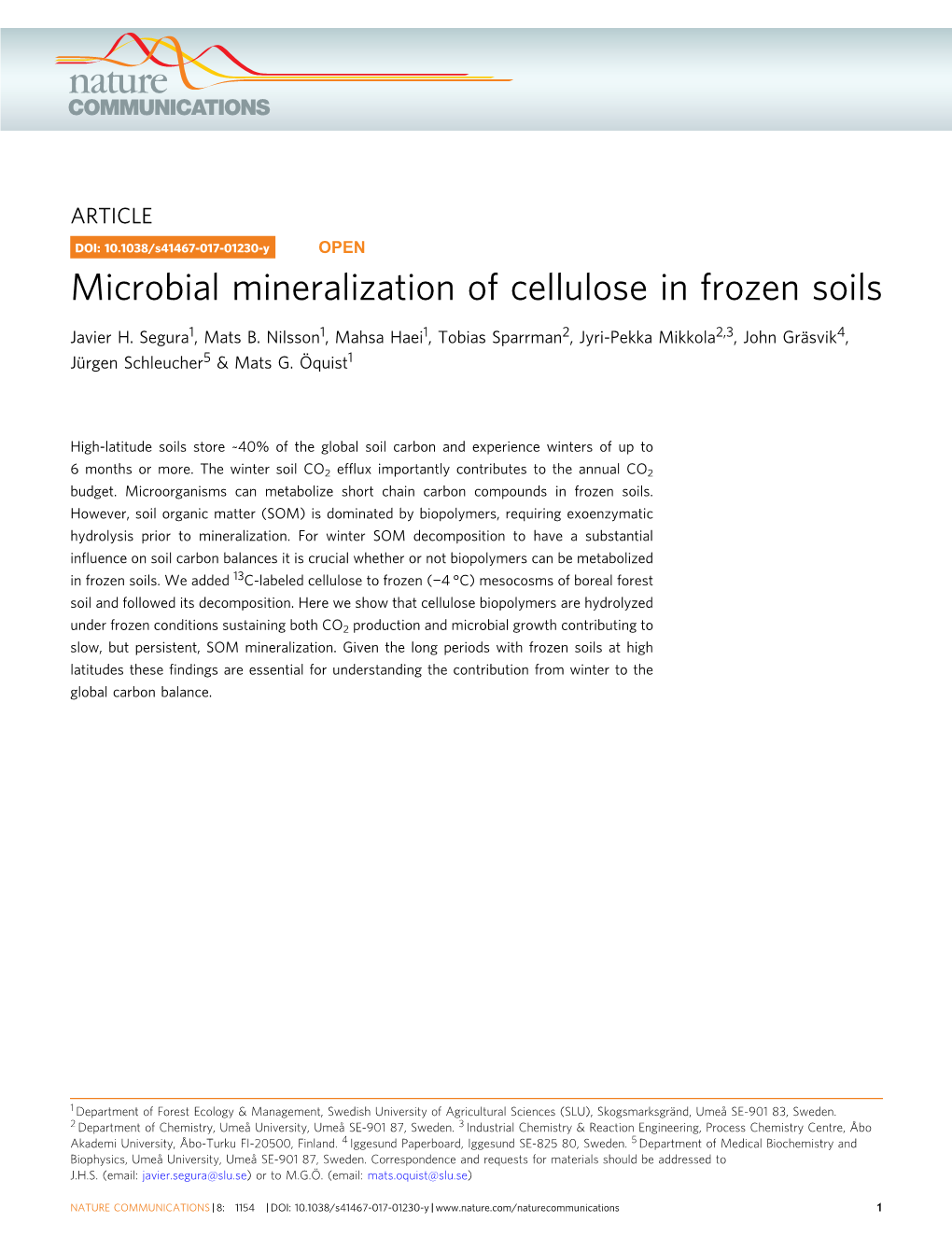 Microbial Mineralization of Cellulose in Frozen Soils