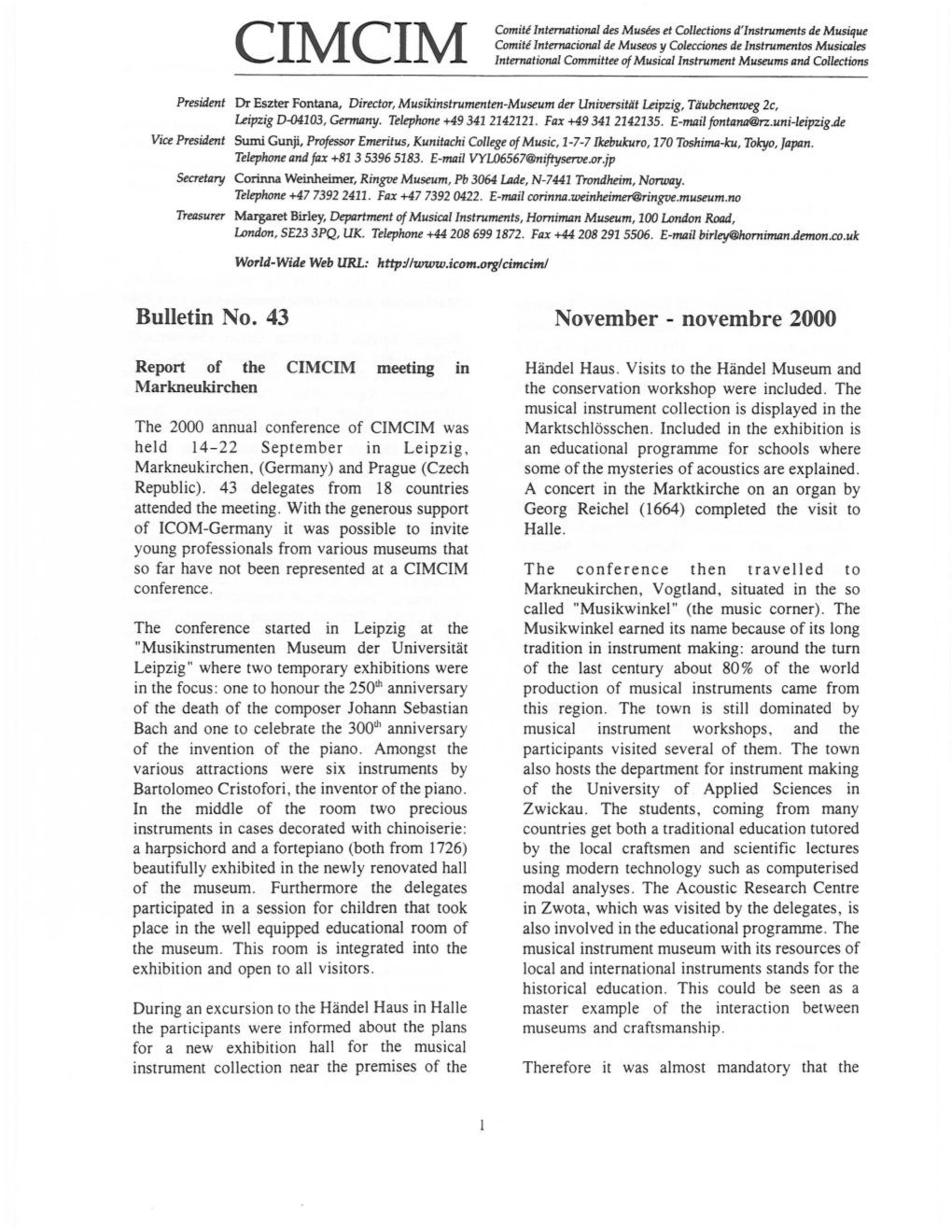 Bulletin No. 43 November - Novembre 2000