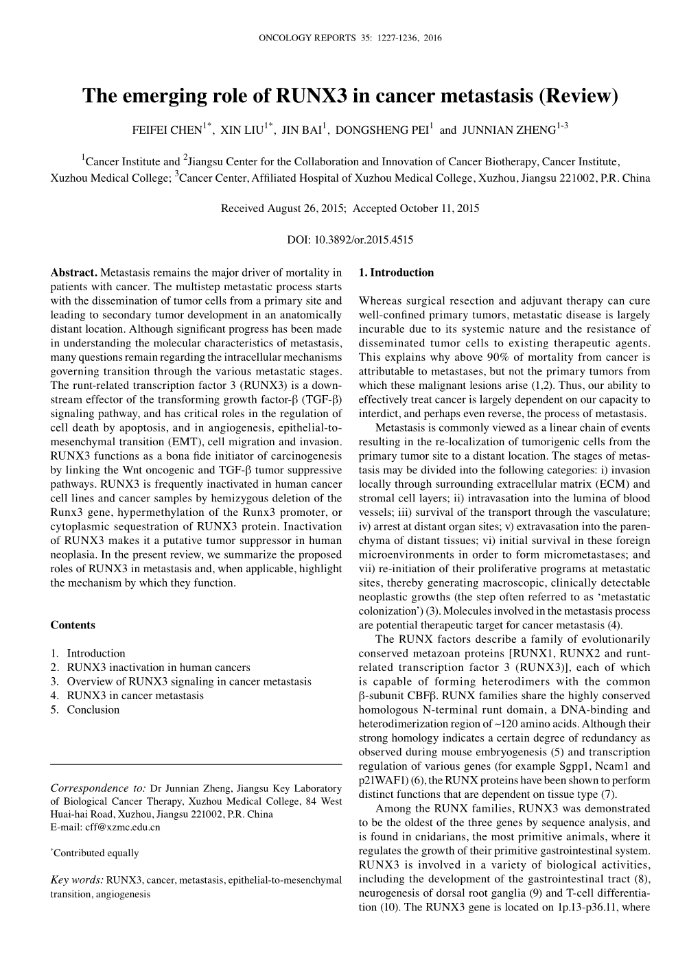 The Emerging Role of RUNX3 in Cancer Metastasis (Review)