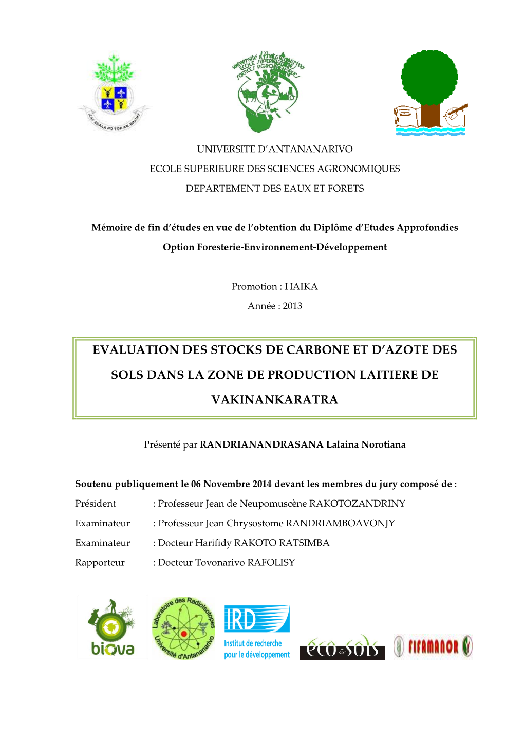 Evaluation Des Stocks De Carbone Et D'azote Des Sols