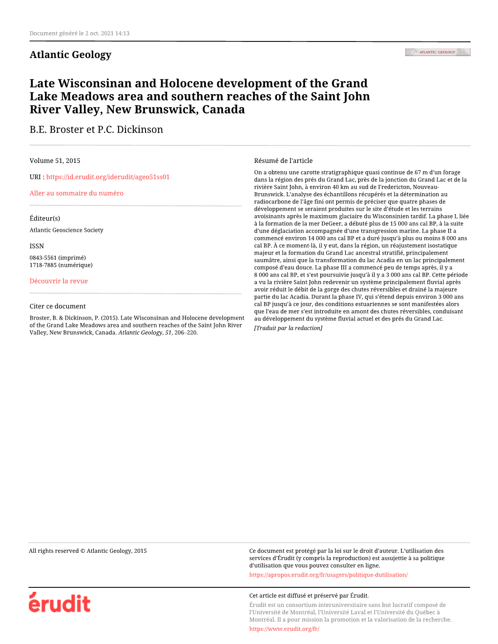 Late Wisconsinan and Holocene Development of the Grand Lake Meadows Area and Southern Reaches of the Saint John River Valley, New Brunswick, Canada B.E