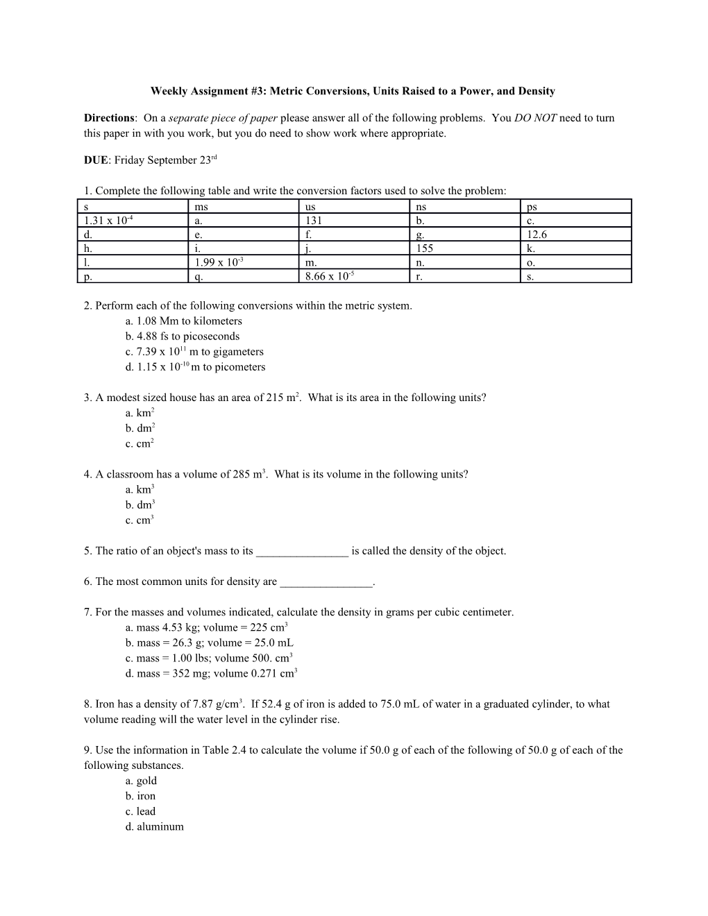 Weekly Assignment #3: Metric Conversions, Units Raised to a Power, and Density