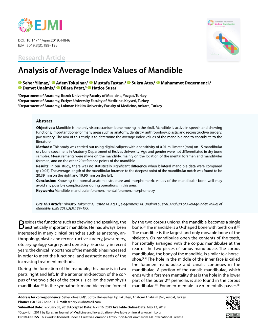 Analysis of Average Index Values of Mandible